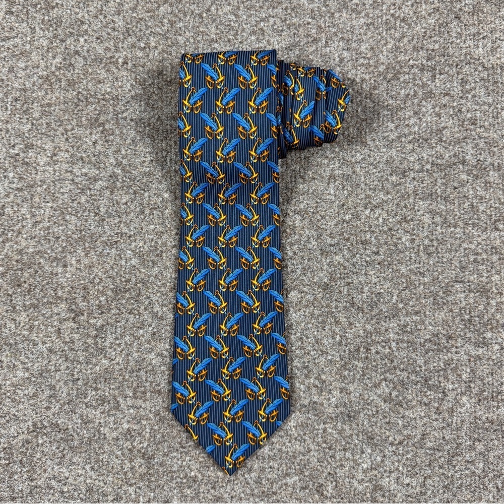 Vintage Celine Blue Gold Horse-Bit Feather Pin Stripe Pattern 100% Silk Neck Tie